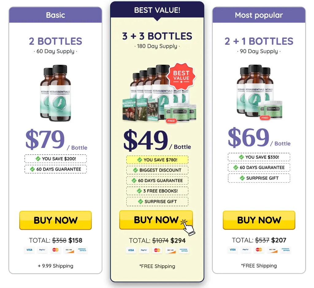 Buy Kerassentials official packages Basic 2 bottles Most popular 2 plus 1 bottles Best value 3 plus 3 bottles