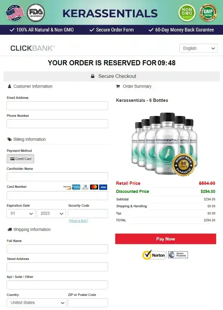 Kerassentials ClickBank secure checkout page 6 bottle package